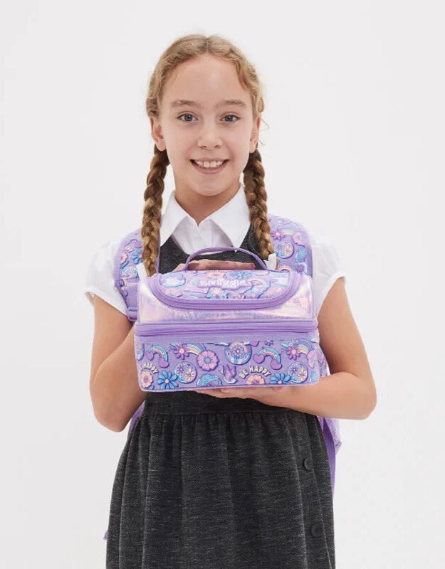 Child holding Smiggle Happy Purple Butterfly Double Decker Lunchbox